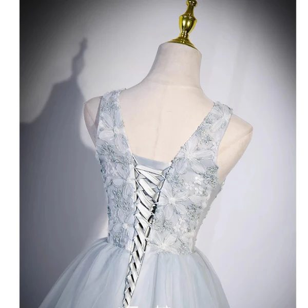 Elegant Sky Blue Beading Printing Prom Dresses 2023 A-Line / Princess V-Neck Sleeveless Backless Floor-Length / Long Prom Formal Dresses