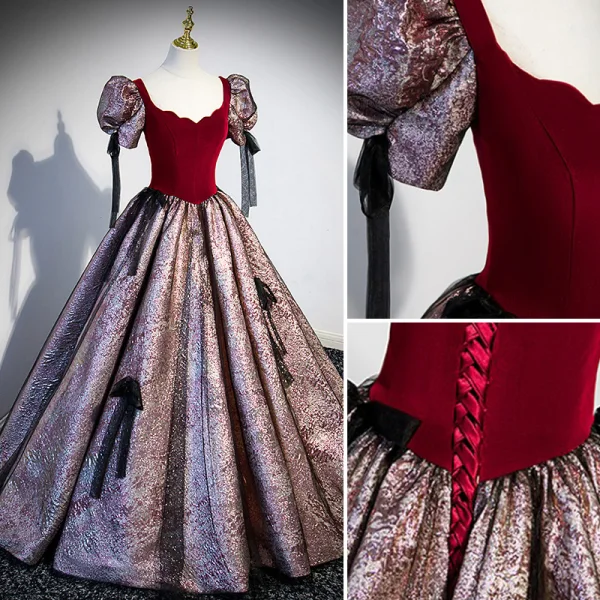 Ethnic Burgundy Prom Dresses 2023 Ball Gown V-Neck Puffy Short Sleeve Backless Floor-Length / Long Prom Formal Dresses
