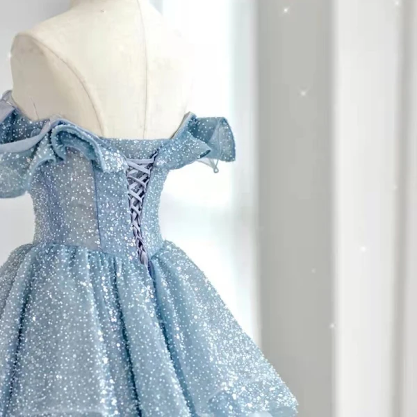 Schöne Himmelblau Pailletten Ballkleider 2022 Off Shoulder A Linie Ärmellos Rückenfreies Lange Ball Festliche Kleider