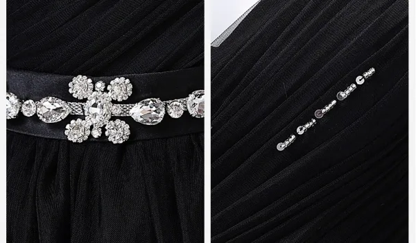 Vintage Negro Rhinestone Vestidos de gala 2026 Ball Gown Spaghetti Straps Manga Corta Sin Espalda Tul
