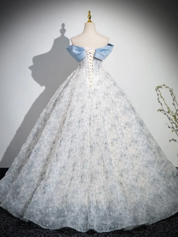 Chic / Beautiful Sky Blue Printing Prom Dresses 2024 Ball Gown Strapless Sleeveless Backless Floor-Length / Long Prom Formal Dresses
