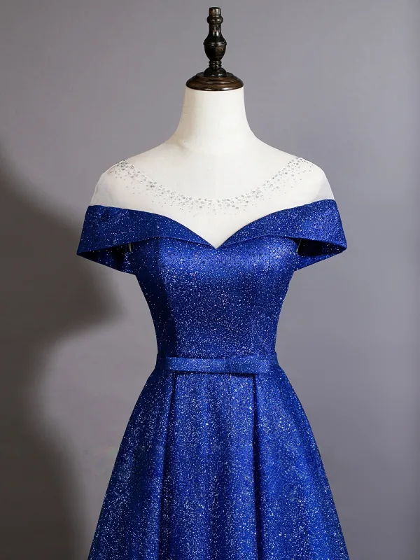 Vintage / Retro Royal Blue Gradient-Color Sequins Evening Dresses 2026 A-Line / Princess Scoop Neck Short Sleeve Backless Bow Sash