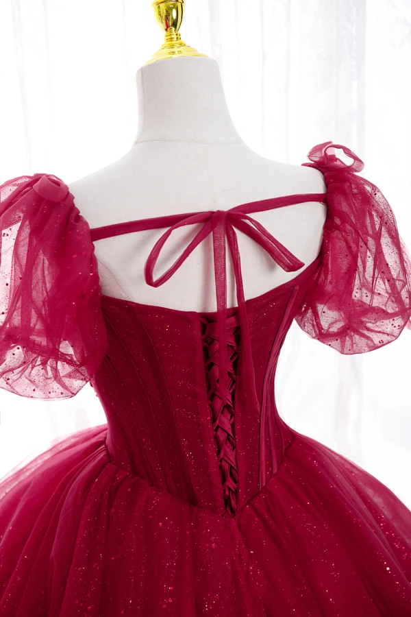 Elegant Burgundy Beading Pearl Prom Dresses 2022 Ball Gown Square Neckline Short Sleeve Backless Bow Floor-Length / Long Prom Formal Dresses