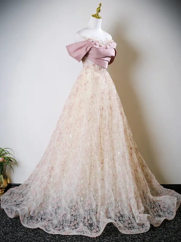 Elegante Rosa Perlenstickerei Applikationen Ballkleider 2025 Off Shoulder Kurze Ärmel Rückenfreies Sweep / Pinsel Zug Tülle Festliche Kleider