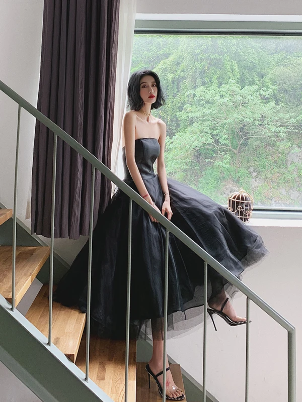 Chic / Beautiful Black Prom Dresses 2022 A-Line / Princess Strapless Sleeveless Backless Floor-Length / Long Prom Formal Dresses