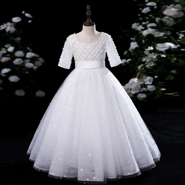 Chic Beautiful White Beading Pearl Sequins Birthday Flower Girl Dresses 2024 Ball Gown Square Neckline Short Sleeve Floor Length Long