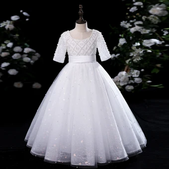 Chic Beautiful White Beading Pearl Sequins Birthday Flower Girl Dresses 2024 Ball Gown Square Neckline Short Sleeve Floor Length Long