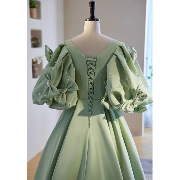 Elegant Sage Green Satin Prom Dresses 2023 A-Line / Princess Scoop Neck Puffy Short Sleeve Pearl Bow Floor-Length / Long Prom Formal Dresses