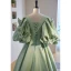 Elegant Sage Green Satin Prom Dresses 2023 A-Line / Princess Scoop Neck Puffy Short Sleeve Pearl Bow Floor-Length / Long Prom Formal Dresses