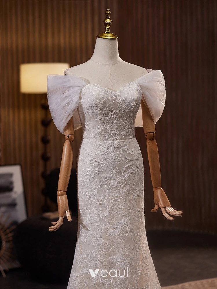 Modest / Simple White Lace Wedding Dresses 2024 Trumpet / Mermaid Off ...