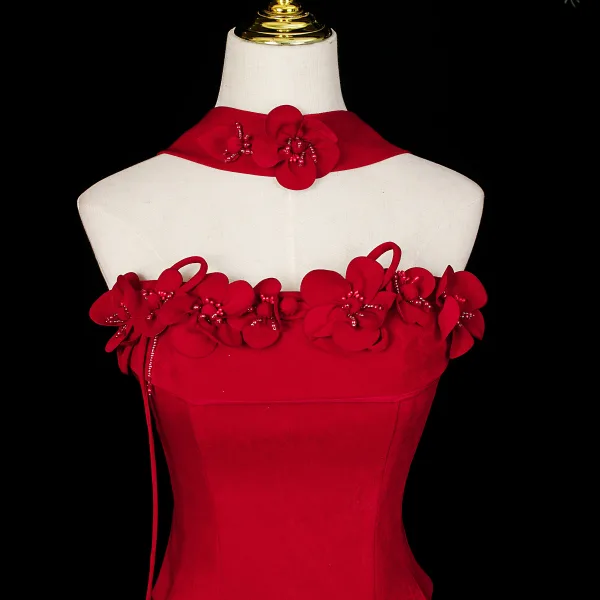 Chic / Belle Rouge Perlage Appliques Robe De Soirée 2026 Trompette / Sirène Bustier Sans Manches Dos Nu Train De Balayage Robe De Ceremonie