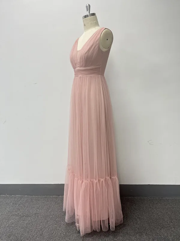 Chic / Beautiful Blushing Pink Prom Dresses 2024 A-Line / Princess V-Neck Sleeveless Backless Floor-Length / Long Prom Formal Dresses
