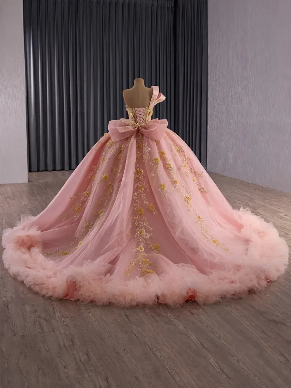 Luxury / Gorgeous Flower Fairy Blushing Pink Beading Appliques Sequins Prom Dresses 2025 Ball Gown One-Shoulder Sleeveless Backless Bow Court Train Formal Dresses