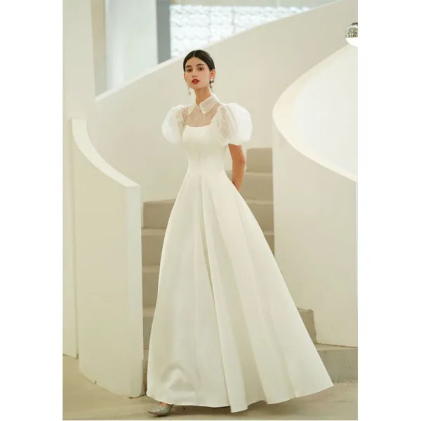 Chic / Beautiful Ivory Prom Dresses 2022 A-Line / Princess High Neck Puffy Short Sleeve Backless Prom Floor-Length / Long Formal Dresses