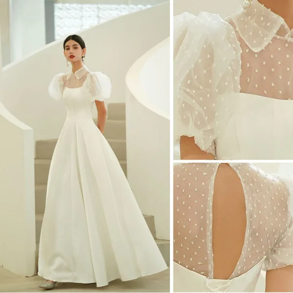 Chic / Beautiful Ivory Prom Dresses 2022 A-Line / Princess High Neck Puffy Short Sleeve Backless Prom Floor-Length / Long Formal Dresses