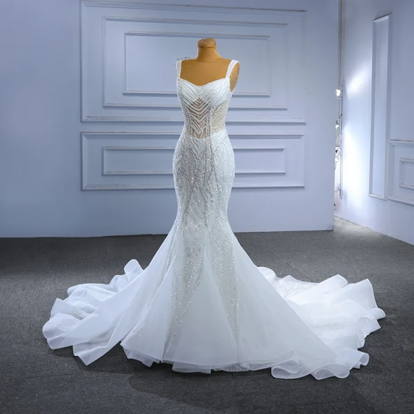 Glitzernden High End Perlenstickerei Strass Pailletten Weiß Brautkleider / Hochzeitskleider 2023 Meerjungfrau Eckiger Ausschnitt Ärmellos Rückenfreies Kapelle-Schleppe Hochzeit