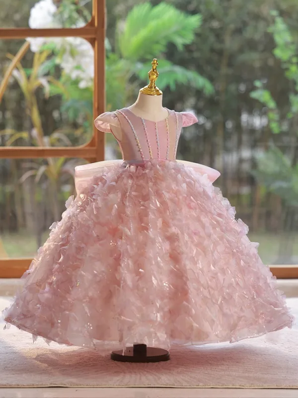 Lovely Blushing Pink Pearl Appliques Birthday Flower Girl Dresses 2024 Ball Gown Scoop Neck Cap Sleeves Bow Floor-Length / Long