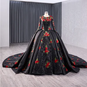 Élégant Noire Dentelle 3d Fleur Glitter Paillettes Robe De Bal 2024 Robe Boule Encolure Dégagée Manches Longues Royal Train Promo Robe De Ceremonie