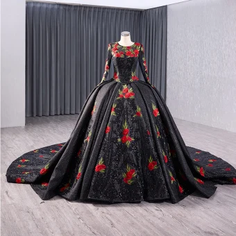 Elegant Black 3d Lace Flower Glitter Sequins Prom Dresses 2024 Ball Gown Scoop Neck Long Sleeve Royal Train Prom Formal Dresses
