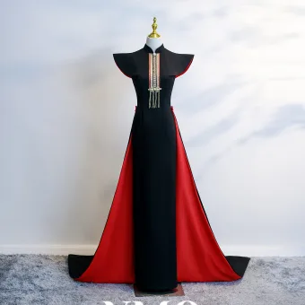 Vintage Retro Chinese Style Black Evening Party Cheongsam 2025 High Neck Cap Sleeves Sweep Train