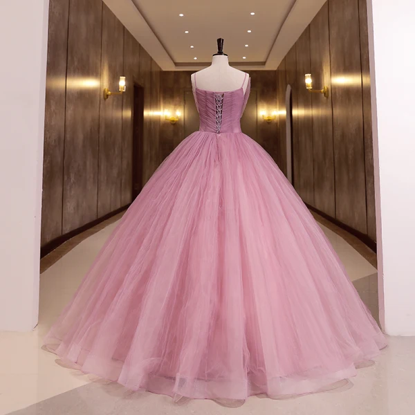 Charming Fuchsia Pearl Prom Dresses 2022 Ball Gown Spaghetti Straps Bow Sleeveless Backless Lace Flower Floor-Length / Long Formal Dresses