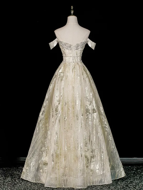 Glitzernden Gold Pailletten Strass Ballkleider 2026 A Linie Off Shoulder Ärmellos Rückenfreies
