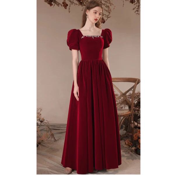 Elegant Burgundy Velvet Prom Dresses 2023 A-Line / Princess Rhinestone Square Neckline Short Sleeve Backless Floor-Length / Long Prom Formal Dresses