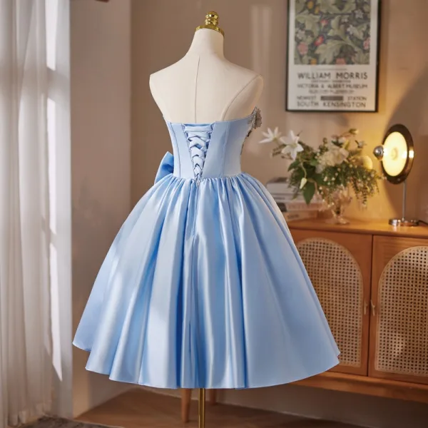 Charming Sky Blue Beading Sequins Lace Flower Homecoming Short Graduation  Dresses 2025 Ball Gown Strapless Sleeveless Backless Formal Dresses