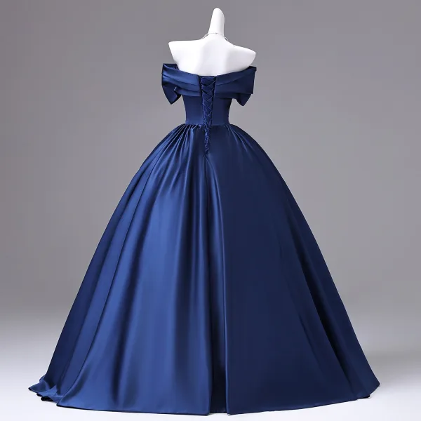 Vintage / Retro Navy Blue Beading Sequins Lace Flower Prom Dresses 2026 Ball Gown Off-The-Shoulder Short Sleeve Backless Floor-Length / Long Formal Dresses