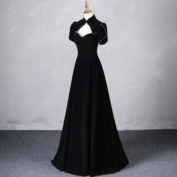 Elegant Black Rhinestone Prom Dresses 2024 A-Line / Princess High Neck Short Sleeve Backless Floor-Length / Long Prom Formal Dresses
