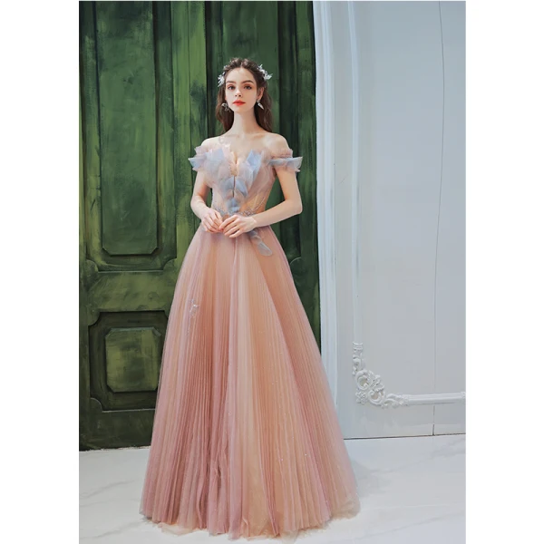 Elegant Blushing Pink Pearl Sequins Pleated Prom Dresses 2022 A-Line / Princess Off-The-Shoulder Short Sleeve Backless Floor-Length / Long Formal Dresses