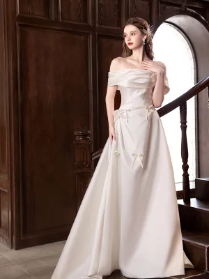 Elegant White Satin Bow Wedding Dresses 2025 A Line Princess Off The Shoulder Short Sleeve Backless Floor Length Long Prom Wedding Dresses