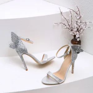 Sparkly Sølv Paljetter Sommerfugl Sandaler Dame 2022 Fest Aften 11 Cm Stiletthæler Ankelstropp Peep Toe Sandaler Høyhælte
