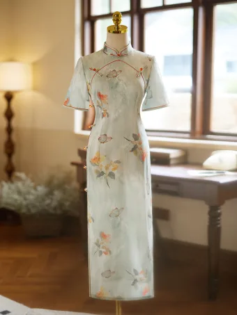 Chinese Style Sage Green Butterfly Printing Split Front Cheongsam 2024 Trumpet Mermaid High Neck Short Sleeve Prom Floor Length Long