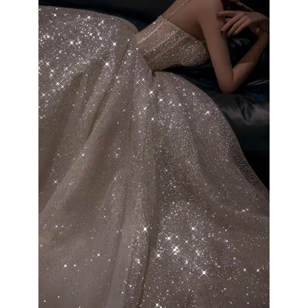 Scintillantes Argenté Glitter Paillettes Robe De Bal 2023 Princesse Bretelles Spaghetti Sans Manches Dos Nu Longue Promo Robe De Ceremonie