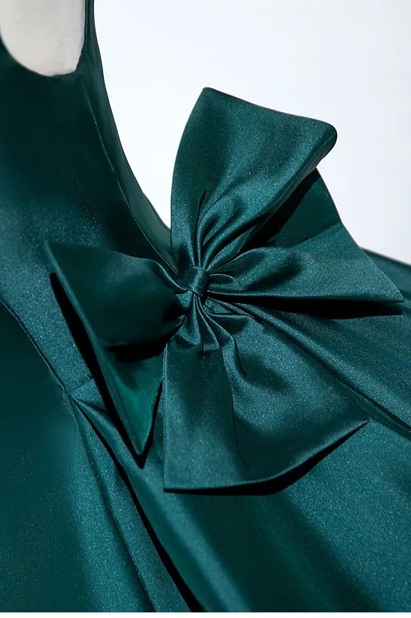 Vintage / Retro Dark Green Bow Satin Prom Dresses 2025 Ball Gown Scoop Neck Sleeveless Backless Floor-Length / Long Prom Formal Dresses