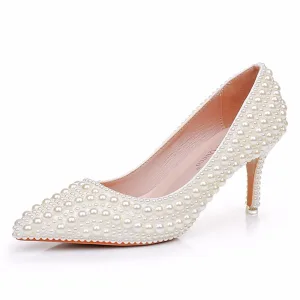 Elegante Beige Perle Hochzeit Pumps Hochhackige 2025 7 Cm Stilettos Spitzschuh Brautschuhe