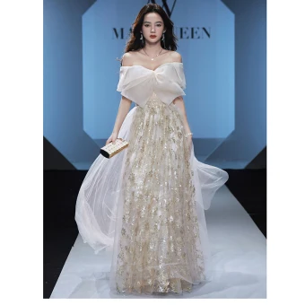 Scintillantes Sexy Champagne Paillettes Robe De Soirée 2023 Princesse De L Épaule Noeud Manches Courtes Dos Nu Longue Soirée Robe De Ceremonie