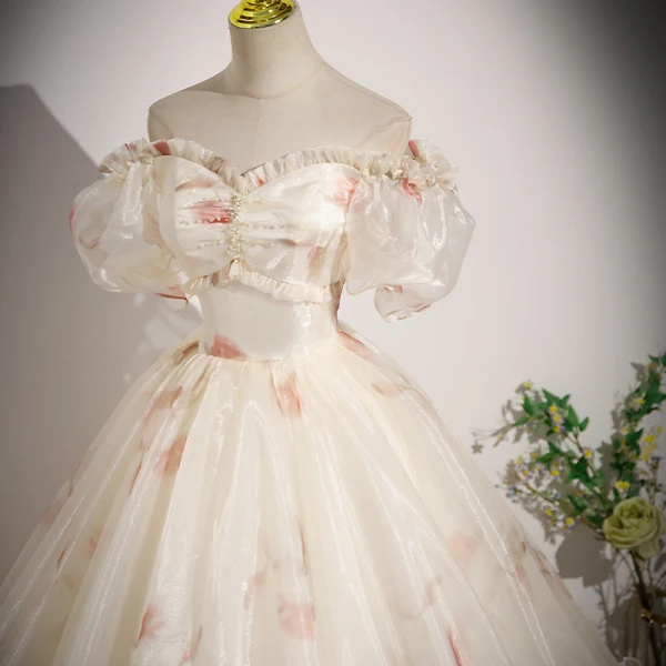 Elegant Champagne Pearl Floral Prom Dresses 2023 Ball Gown Off-The-Shoulder Short Sleeve Backless Floor-Length / Long Prom Formal Dresses