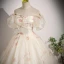 Elegant Champagne Pearl Floral Prom Dresses 2023 Ball Gown Off-The-Shoulder Short Sleeve Backless Floor-Length / Long Prom Formal Dresses