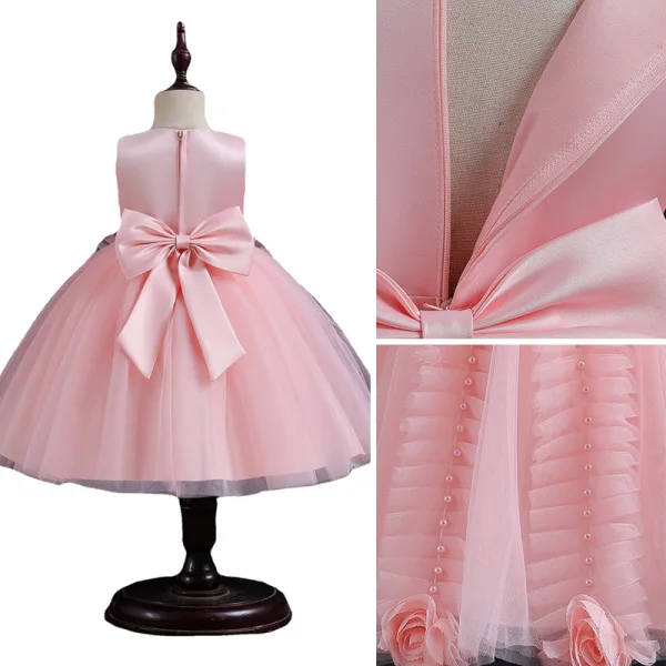 Charmant Rougissant Rose Anniversaire Volants en Cascade Robe Ceremonie Fille 2023 Robe Boule Encolure Dégagée Sans Manches Appliques Noeud Longue Robe Ceremonie Fille