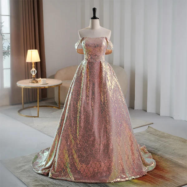 Glitzernden Pailletten Rose Gold Ballkleider 2023 A Linie Off Shoulder Ärmellos Rückenfreies Sweep / Pinsel Zug Ball Festliche Kleider