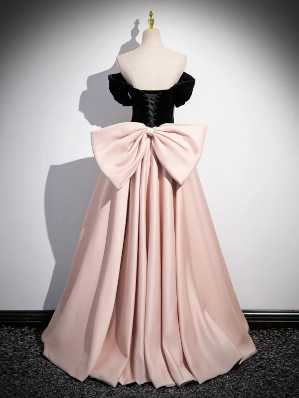 Chic / Beautiful Blushing Pink Satin Prom Dresses 2024 Ball Gown Off-The-Shoulder Short Sleeve Backless Bow Floor-Length / Long Prom Formal Dresses