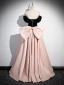 Chic / Beautiful Blushing Pink Satin Prom Dresses 2024 Ball Gown Off-The-Shoulder Short Sleeve Backless Bow Floor-Length / Long Prom Formal Dresses