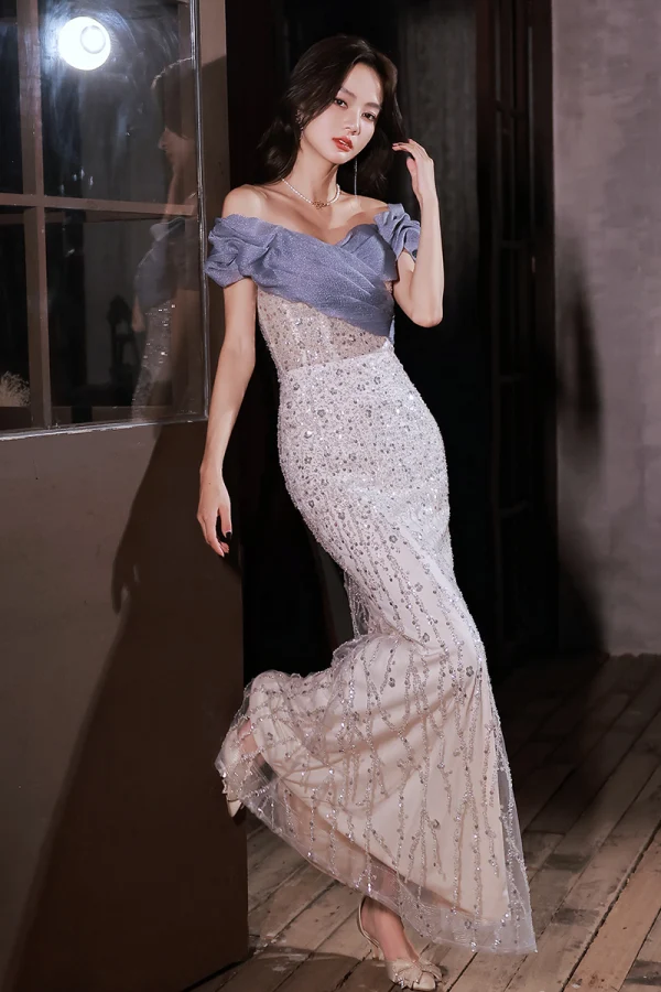 Charmant Bleu Glitter Perlage Paillettes Robe De Soirée 2023 Trompette / Sirène De l'épaule Manches Courtes Dos Nu Noeud Longue Soirée Robe De Ceremonie