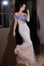Charmant Bleu Glitter Perlage Paillettes Robe De Soirée 2023 Trompette / Sirène De l'épaule Manches Courtes Dos Nu Noeud Longue Soirée Robe De Ceremonie