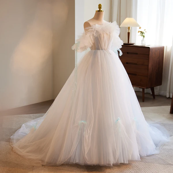 Simple Blanche Perle Noeud Robe De Mariée 2023 Princesse De l'épaule Sans Manches Dos Nu Train De Balayage Mariage
