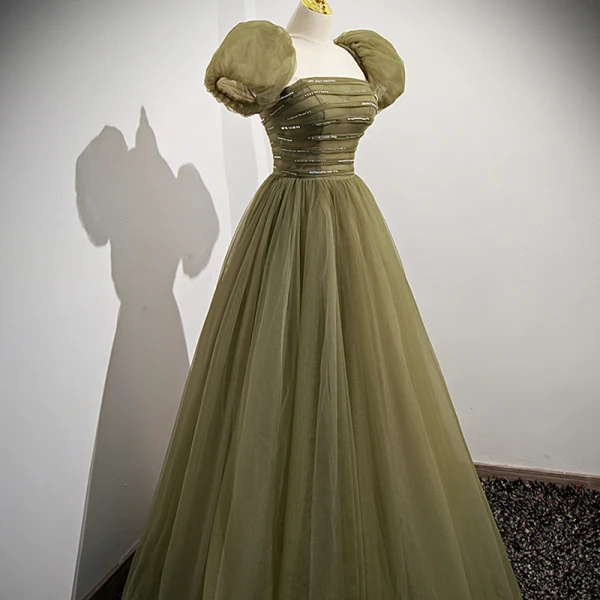 Modest / Simple Clover Green Pearl Sequins Prom Dresses 2022 A-Line / Princess Strapless Short Sleeve Backless Floor-Length / Long Prom Formal Dresses