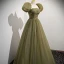 Modest / Simple Clover Green Pearl Sequins Prom Dresses 2022 A-Line / Princess Strapless Short Sleeve Backless Floor-Length / Long Prom Formal Dresses
