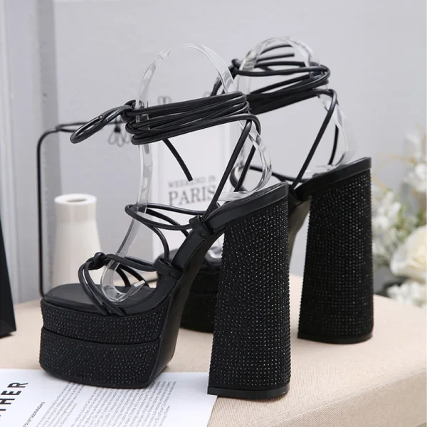 Römisch Schwarz Abend Sandalen Damen 2023 Knöchelriemen 14 cm Thick Heels Wasserdichte Peeptoes Sandaletten Hochhackige